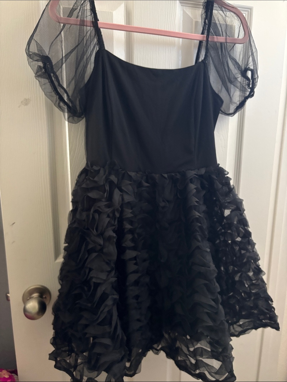 Lulu's Black Ruffle Tulle Mini Dress with Puff Sleeves
